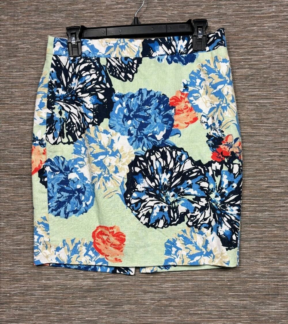 J Crew Pencil Skirt Womens Size 4P Botanical Floral Print Green Cotton